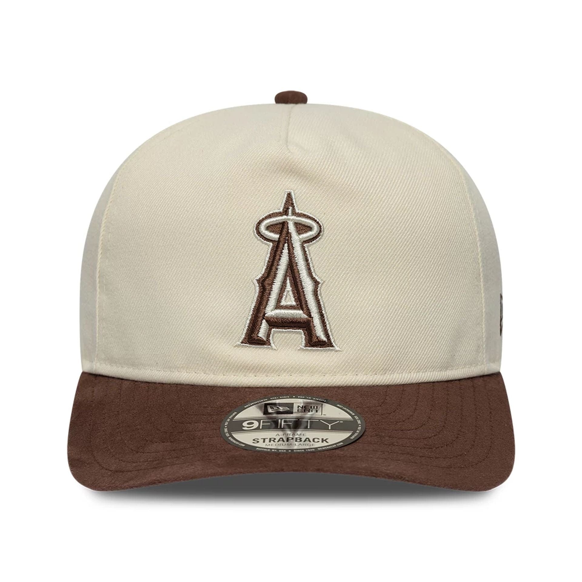 Pictured is this MLB Suede Visor LA Angels 9FIFTY A-Frame Snapback cap in Cream. 3