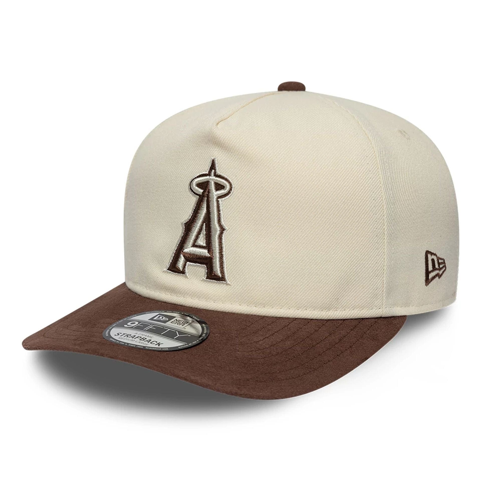 Pictured is this MLB Suede Visor LA Angels 9FIFTY A-Frame Snapback cap in Cream. 1