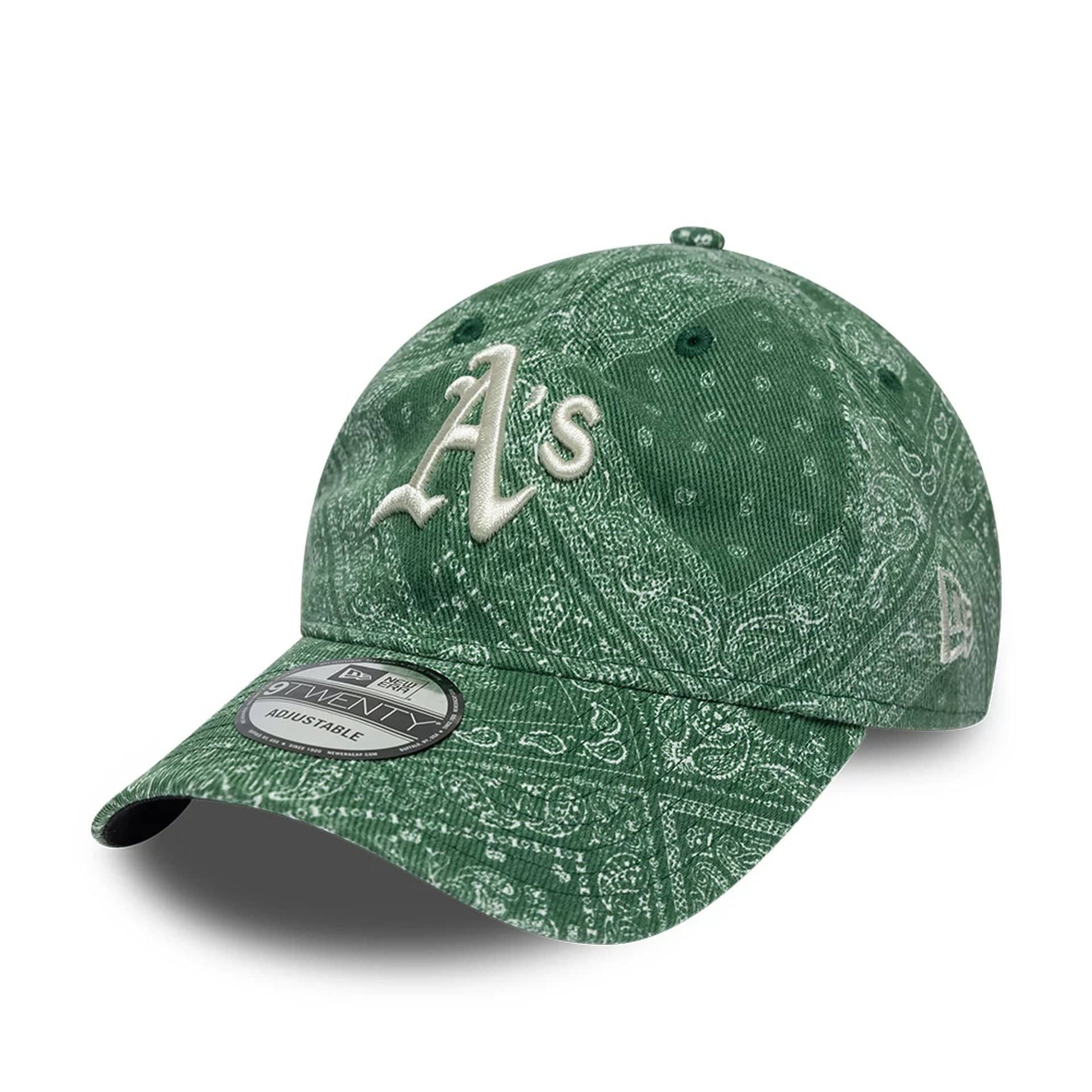Pictured is this MLB Washed Paisley Athletics 9TWENTY cap in dark green. 1