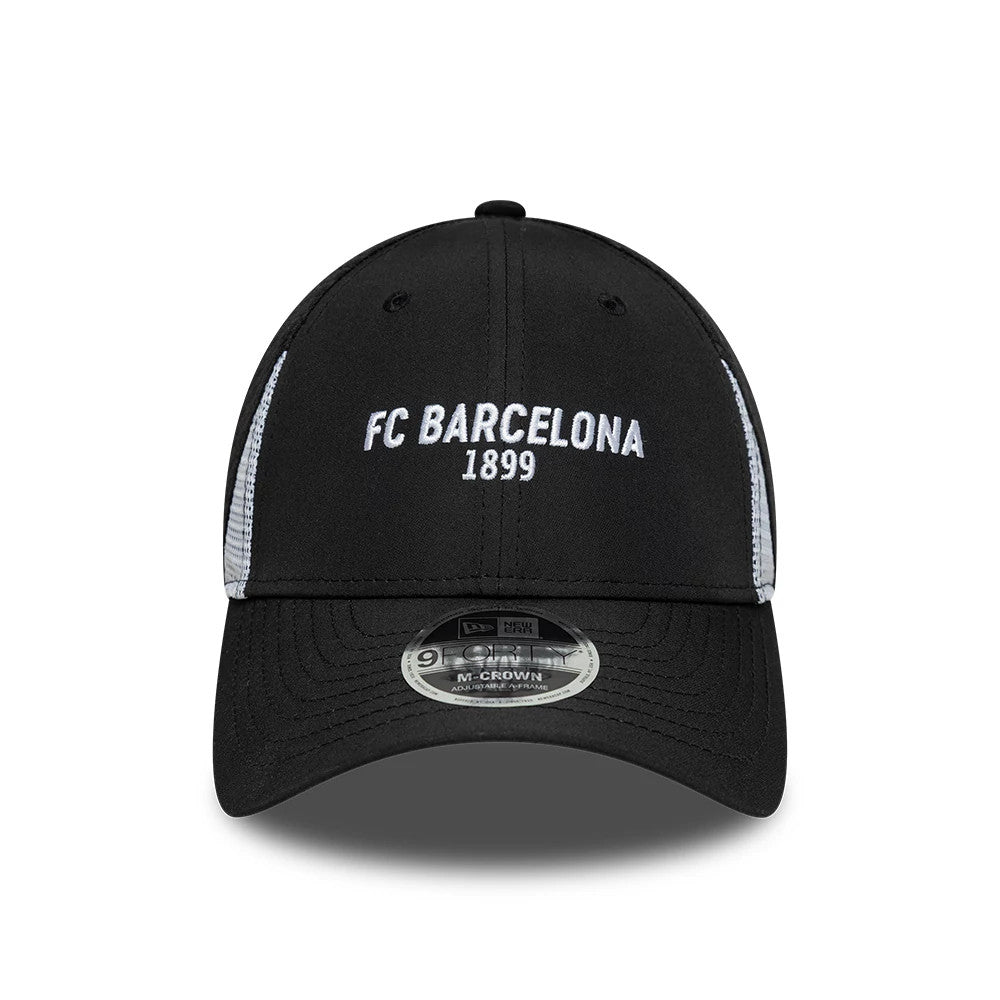 Pictured is this FC Barcelona Featherweight Poly 9FORTY M-Crown cap in black. 2