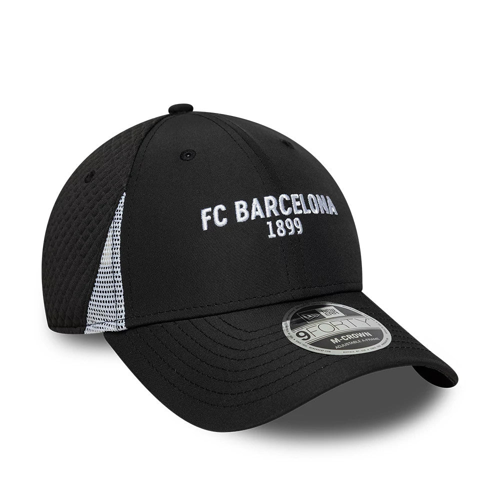 Pictured is this FC Barcelona Featherweight Poly 9FORTY M-Crown cap in black. 3