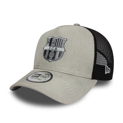 Pictured is this FC Barcelona Faux Suede 9FORTY A-Frame Trucker cap in grey. 1