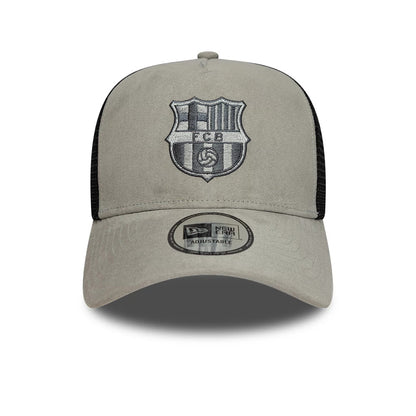 Pictured is this FC Barcelona Faux Suede 9FORTY A-Frame Trucker cap in grey. 2