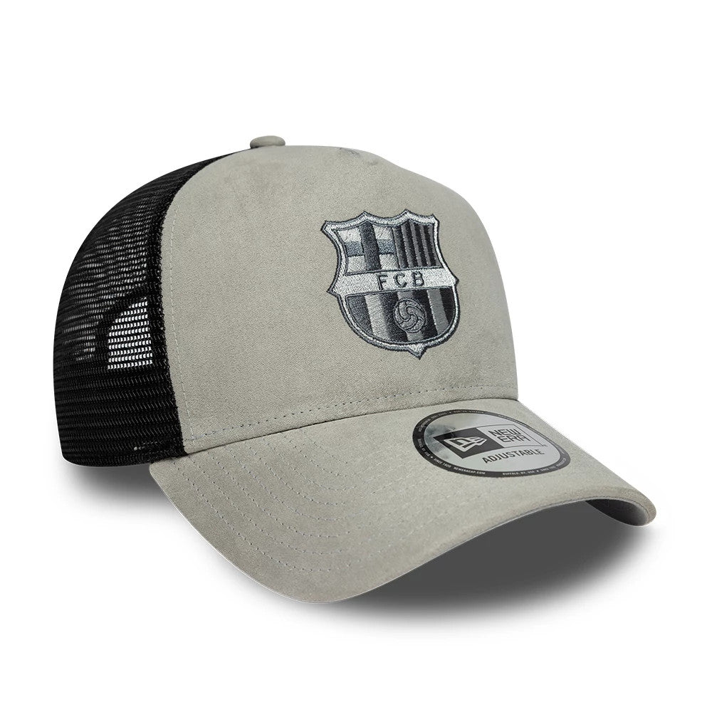 Pictured is this FC Barcelona Faux Suede 9FORTY A-Frame Trucker cap in grey. 3