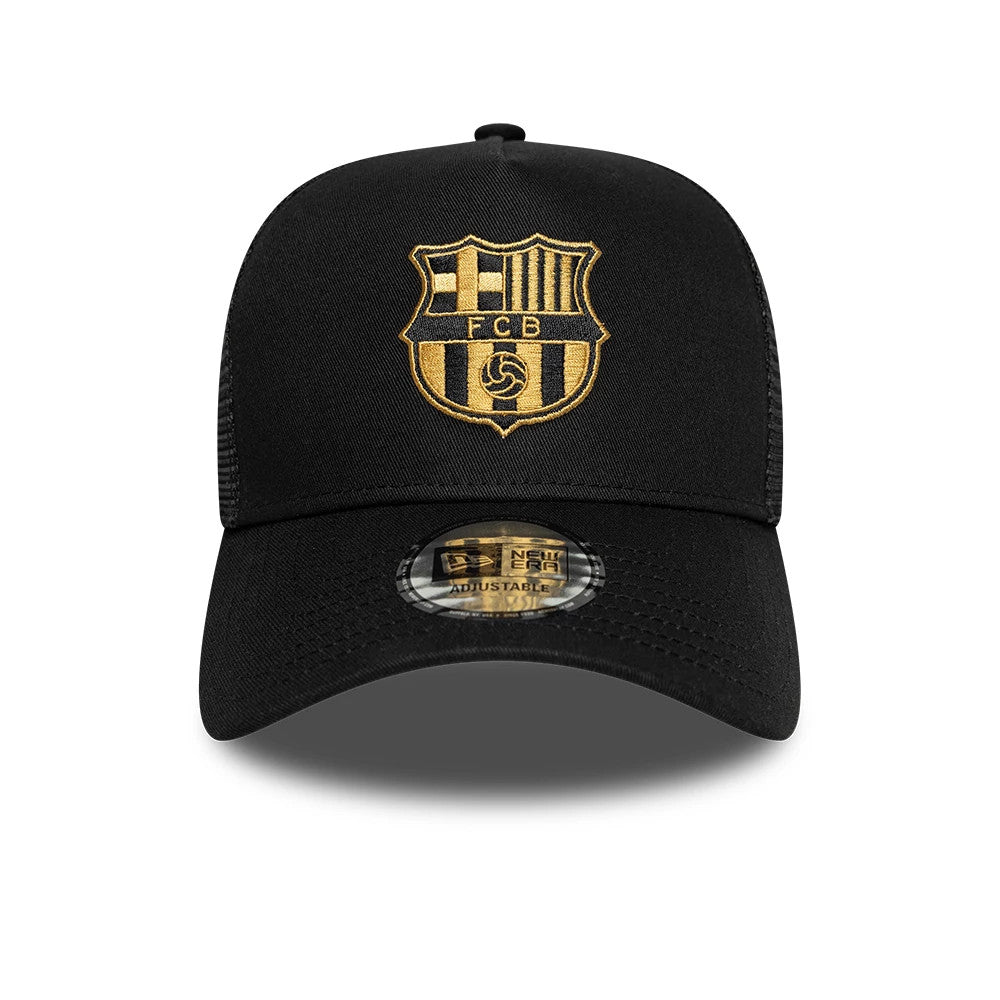 Pictured is this FC Barcelona Black Gold 9FORTY A-Frame Trucker cap in black. 2