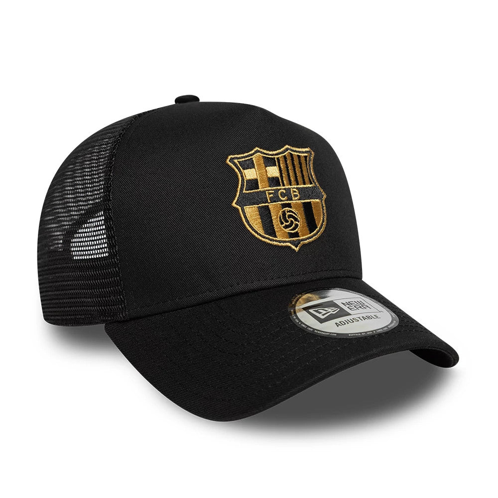 Pictured is this FC Barcelona Black Gold 9FORTY A-Frame Trucker cap in black. 3