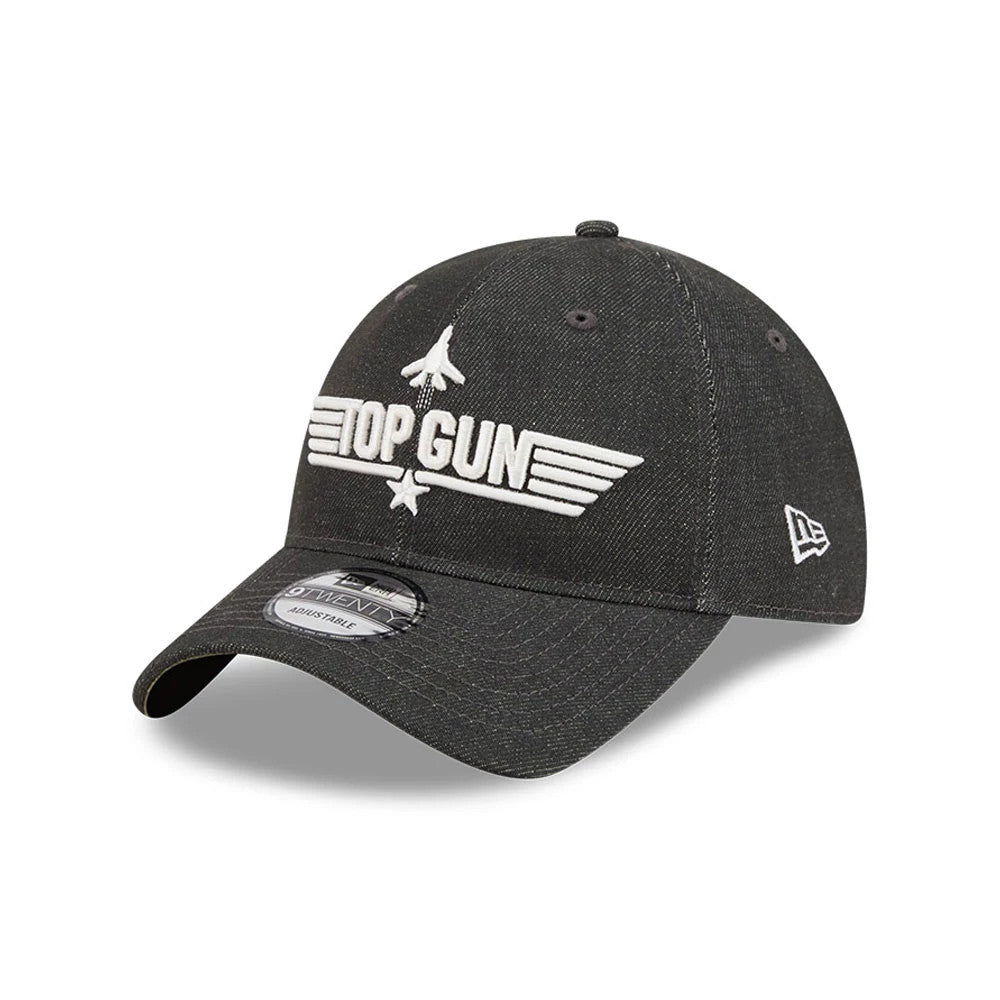 Top Gun Black New Era 9TWENTY Adjustable Cap, three-quarter view showing the white raised embroidered Top Gun logo with a plane graphic on the front panel, curved black visor with 9TWENTY size sticker, and New Era flag logo on the left side.