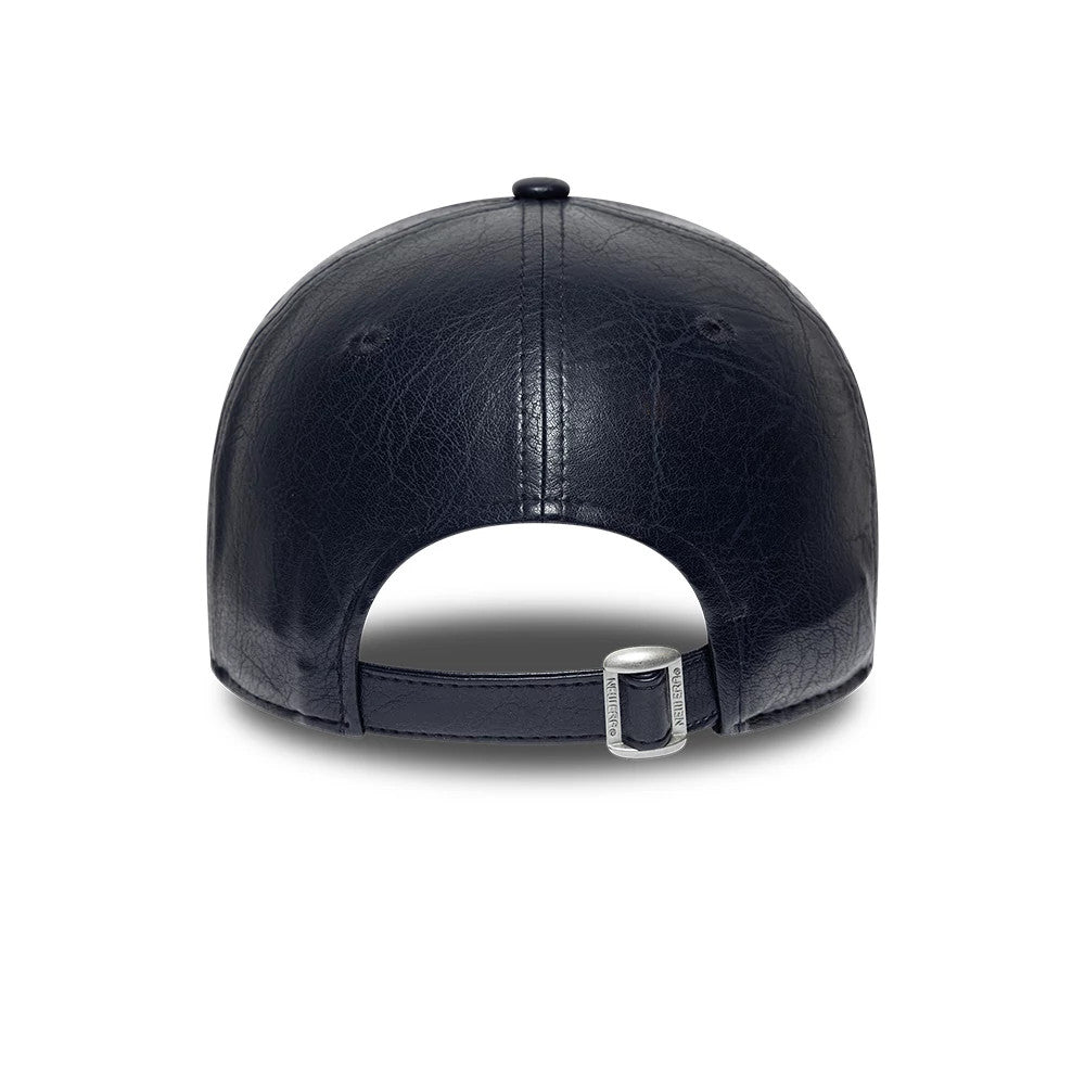 Vespa Crinkle PU Navy New Era 9FORTY Adjustable Cap, rear view showing the PU leather texture on the navy panels, a silver buckle on the adjustable strap, and the structured crown with a top button and embroidered eyelets.