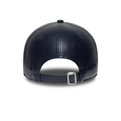 Vespa Crinkle PU Navy New Era 9FORTY Adjustable Cap, rear view showing the PU leather texture on the navy panels, a silver buckle on the adjustable strap, and the structured crown with a top button and embroidered eyelets.