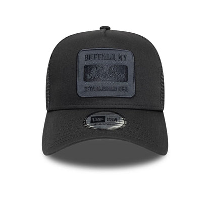 Pictured is this New Era Patch 9FORTY A-Frame Trucker Adjustable cap in charcoal. 2