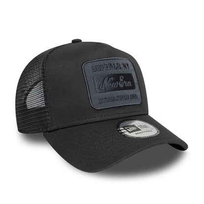 Pictured is this New Era Patch 9FORTY A-Frame Trucker Adjustable cap in charcoal. 3