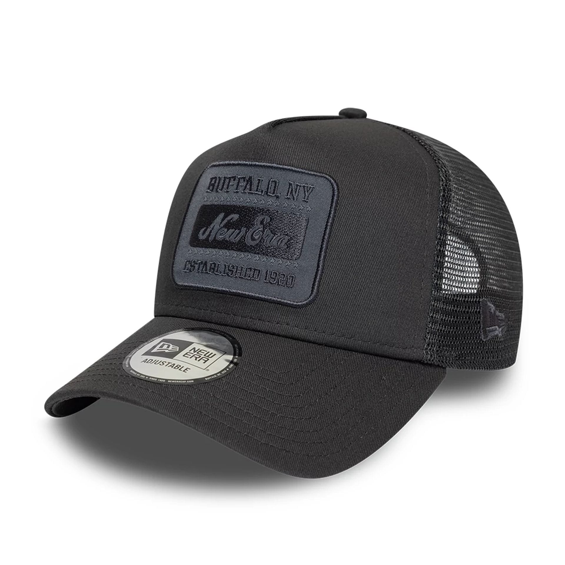 Pictured is this New Era Patch 9FORTY A-Frame Trucker Adjustable cap in charcoal. 1
