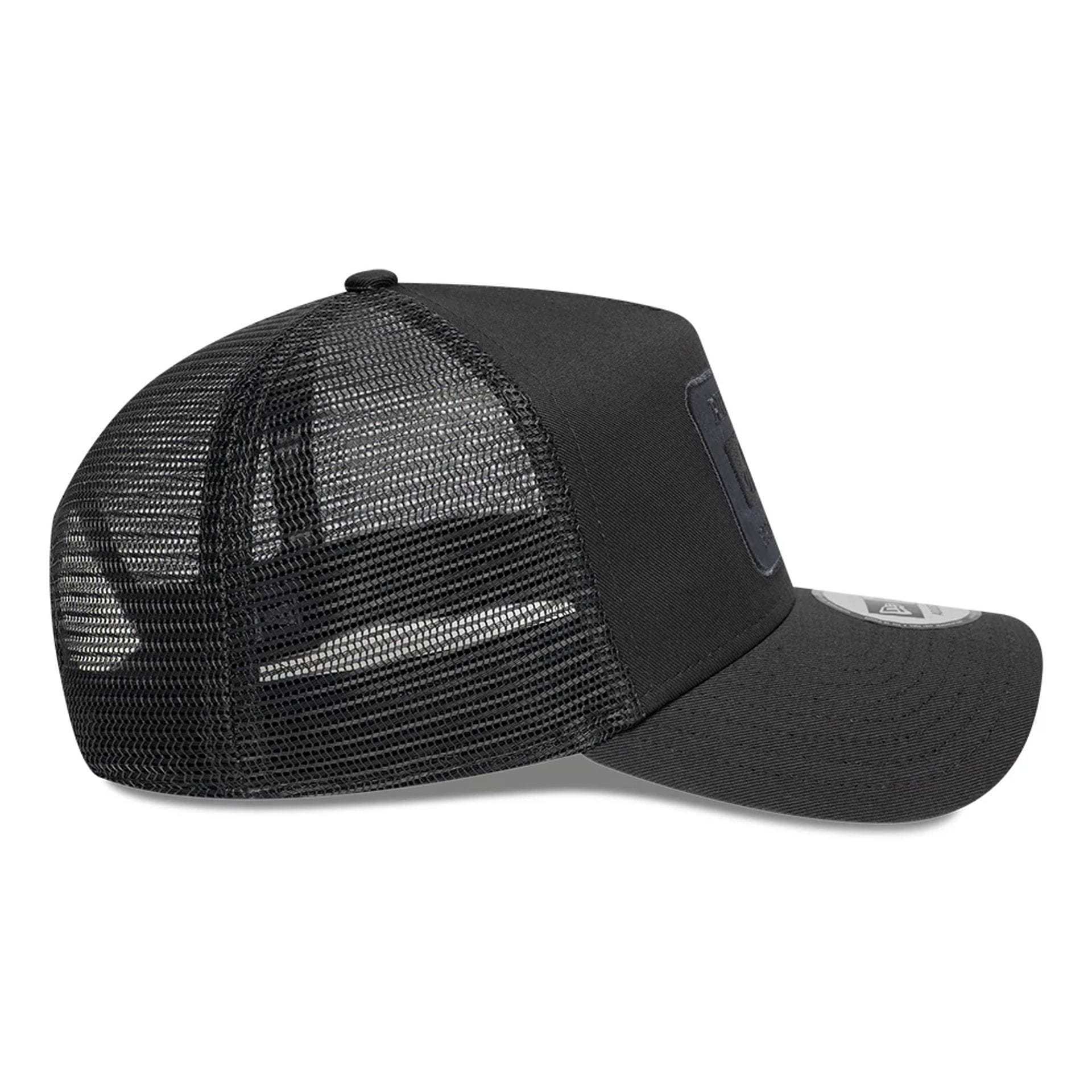 Pictured is this New Era Patch 9FORTY A-Frame Trucker Adjustable cap in charcoal. 6