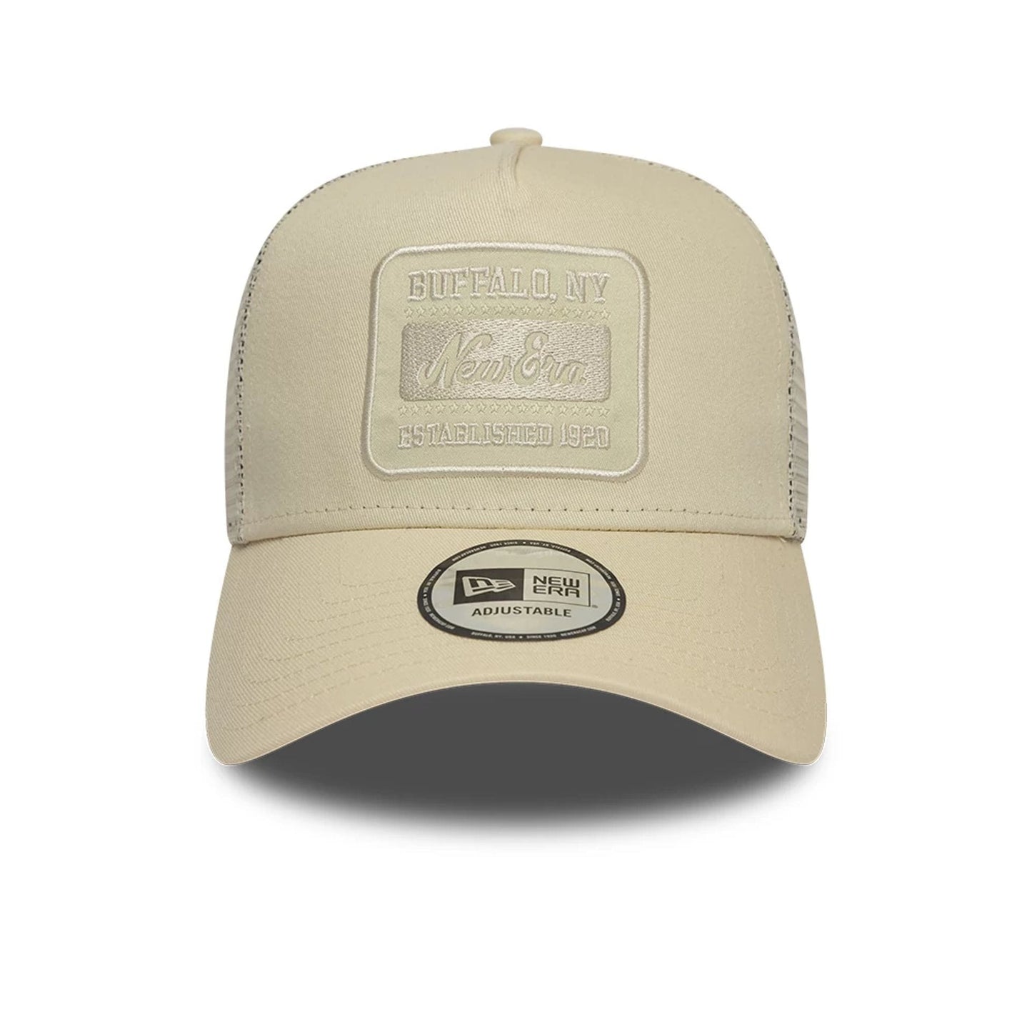 Pictured is this New Era Patch 9FORTY A-Frame Trucker Adjustable cap in light beige. 2