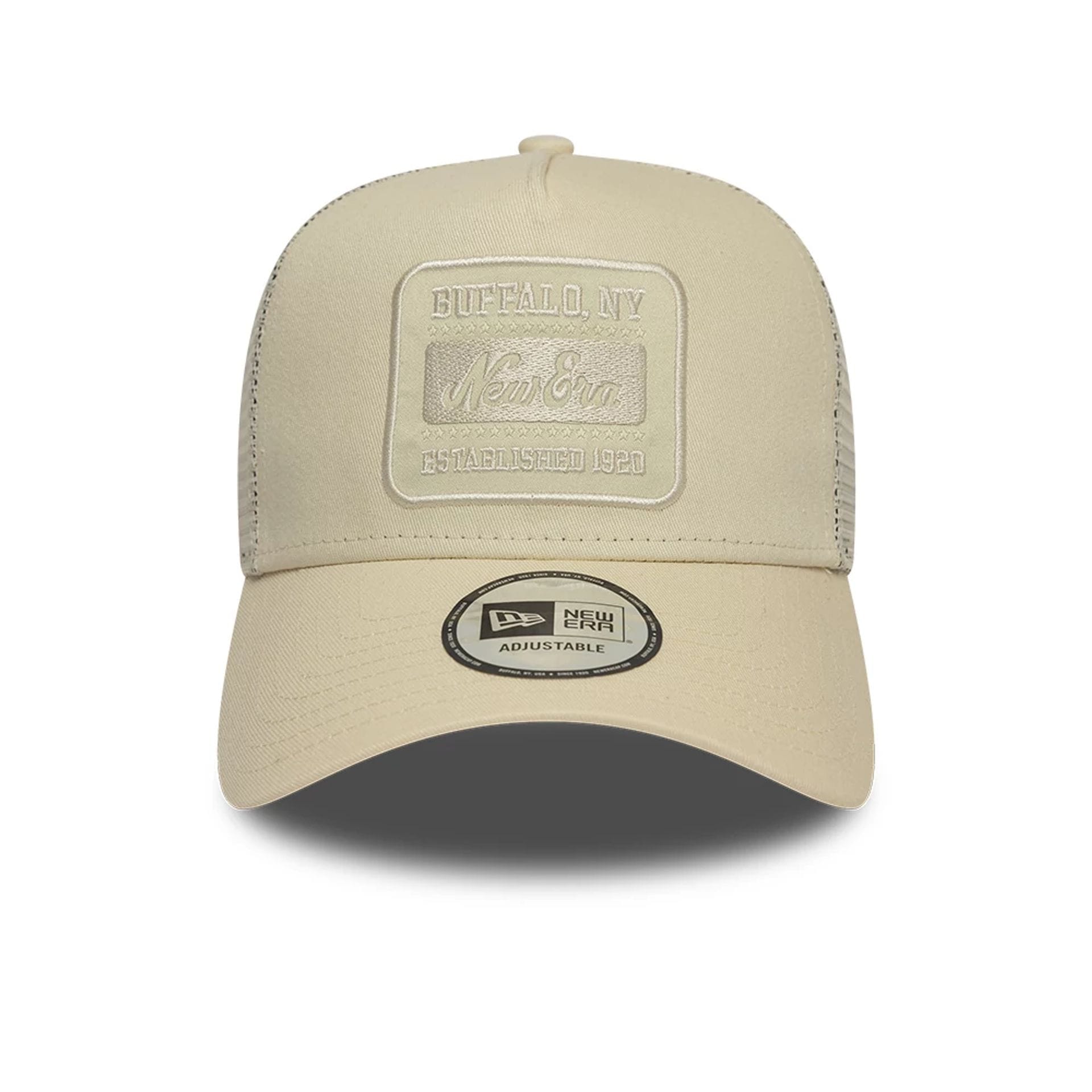 Pictured is this New Era Patch 9FORTY A-Frame Trucker Adjustable cap in light beige. 2