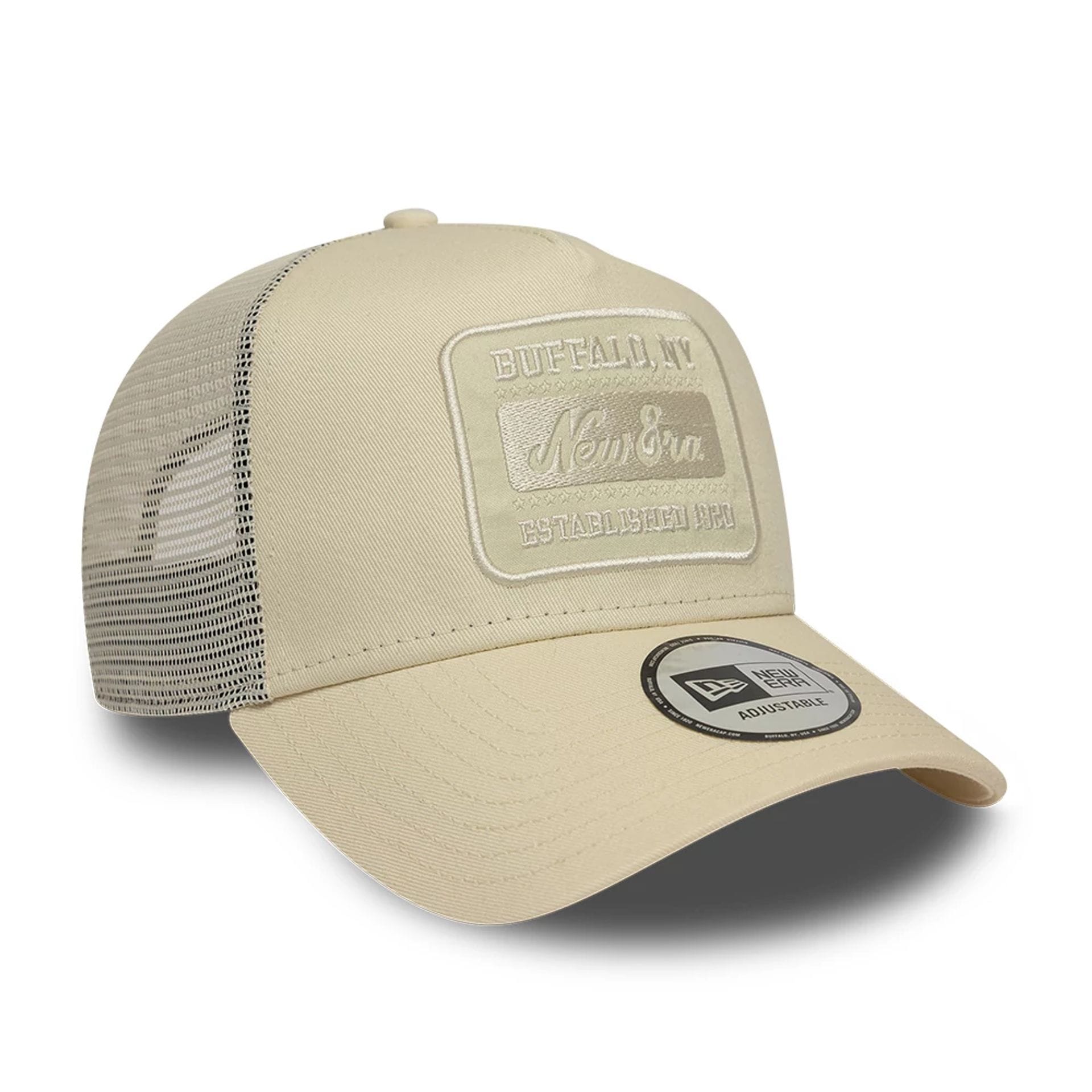 Pictured is this New Era Patch 9FORTY A-Frame Trucker Adjustable cap in light beige. 3