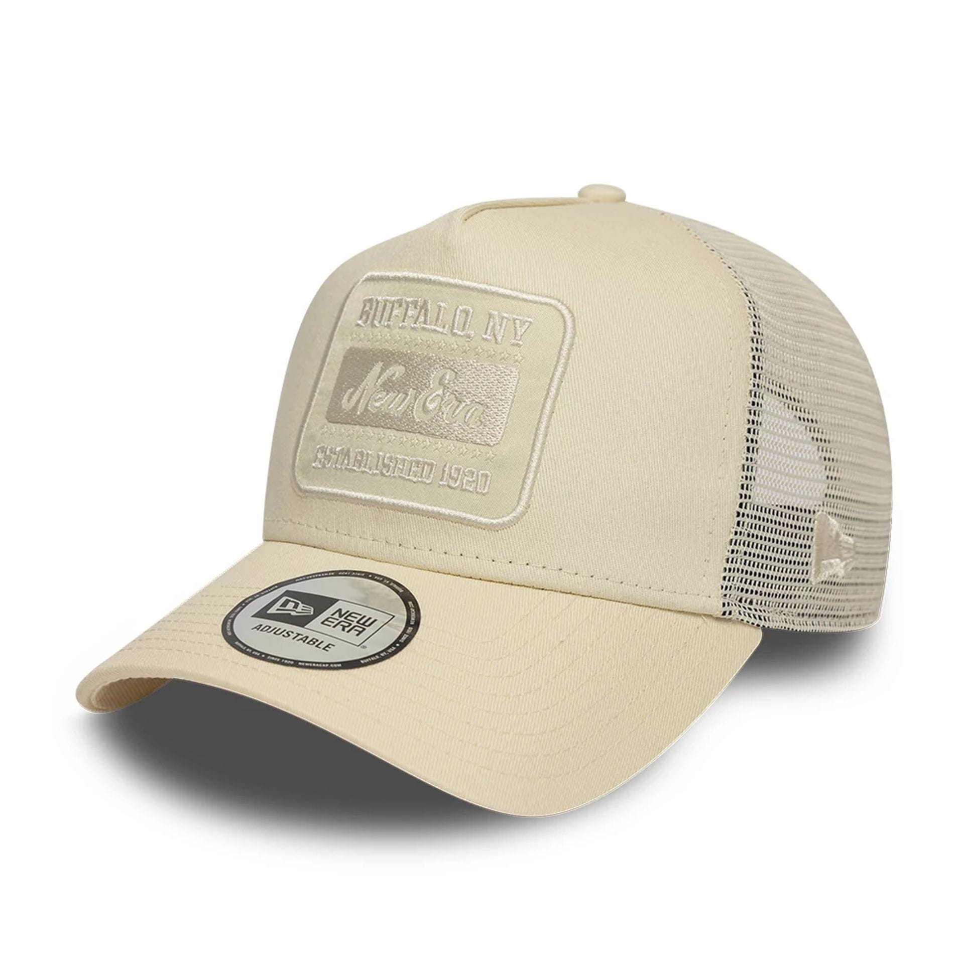 Pictured is this New Era Patch 9FORTY A-Frame Trucker Adjustable cap in light beige. 1
