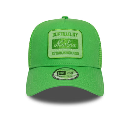 Pictured is this New Era Patch 9FORTY A-Frame Trucker Adjustable cap in open green. 2