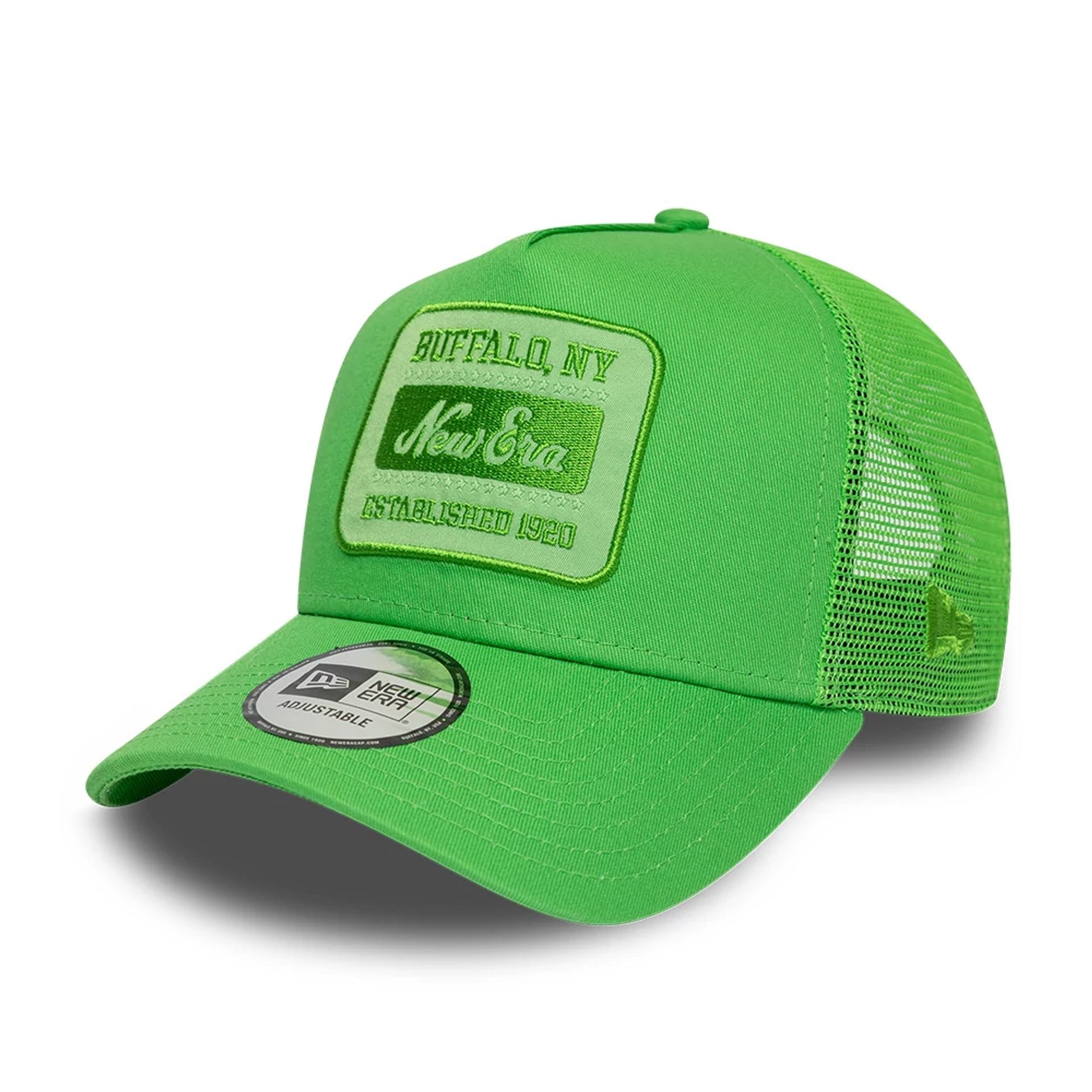 Pictured is this New Era Patch 9FORTY A-Frame Trucker Adjustable cap in open green. 1