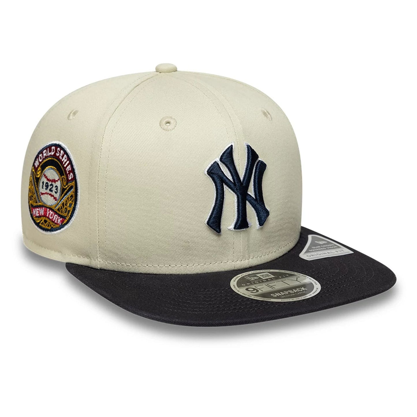 Pictured is this MLB World Series Patch New York Yankees 9FIFTY Snapback Adjustable cap in light beige. 1