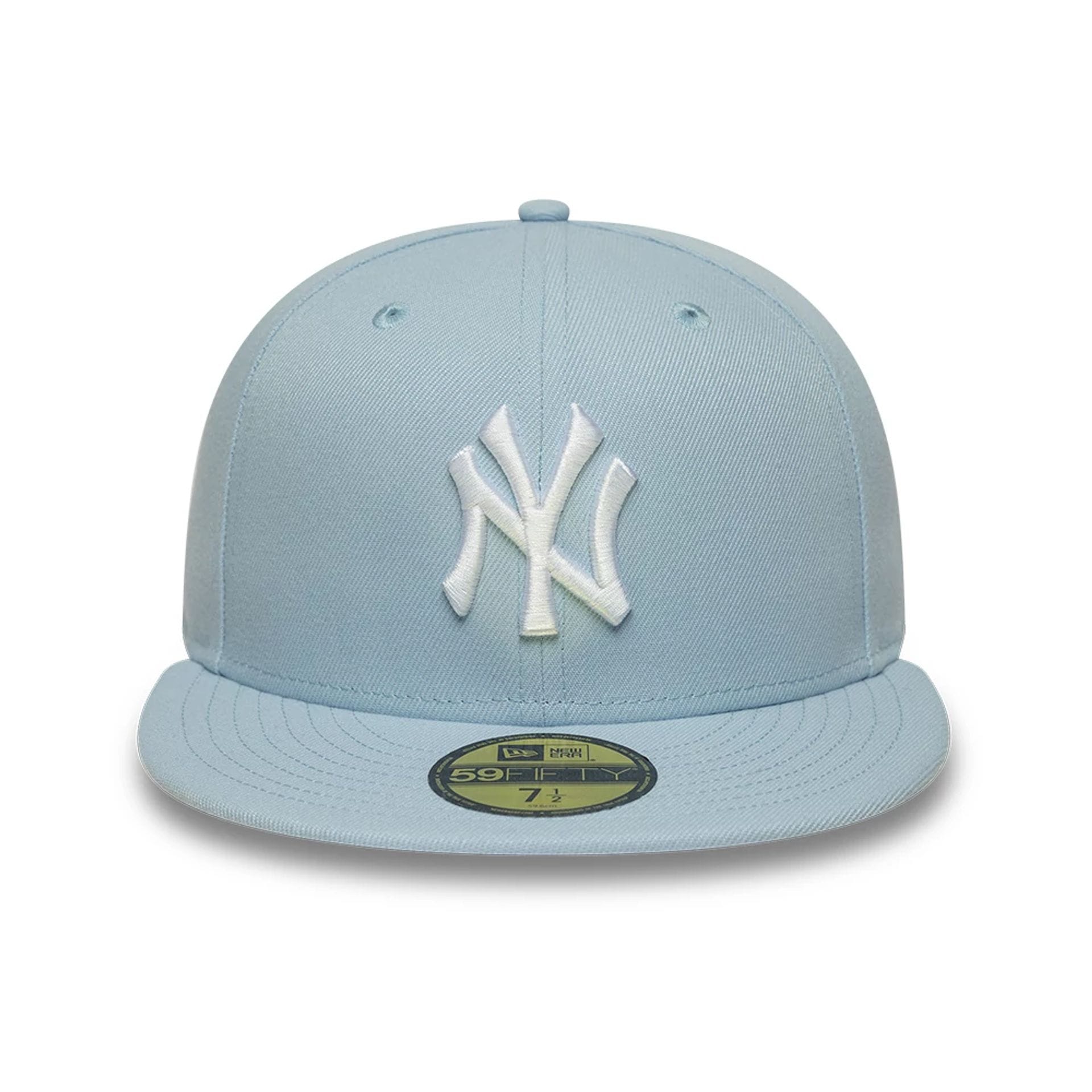 Pictured is this MLB League Essential New York Yankees 59FIFTY Fitted cap in pastel blue. 2