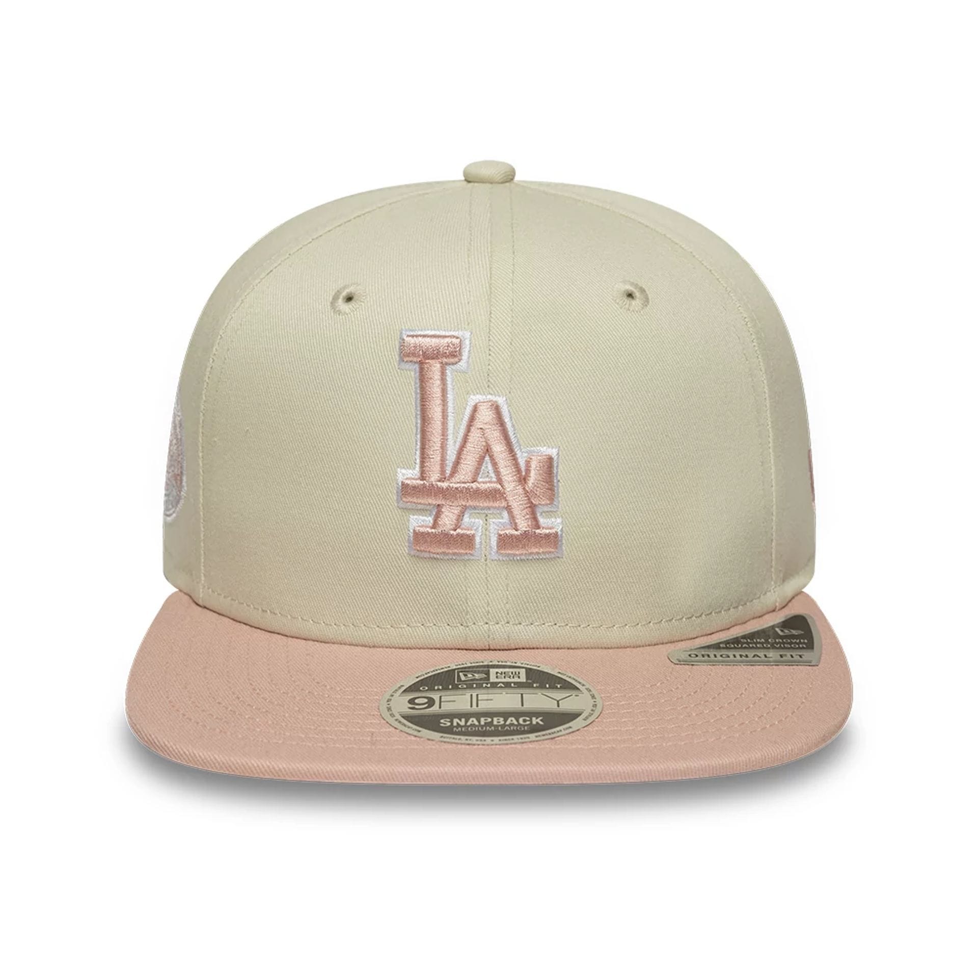 Pictured is this MLB World Series Patch LA Dodgers 9FIFTY Snapback Adjustable cap in light beige. 2
