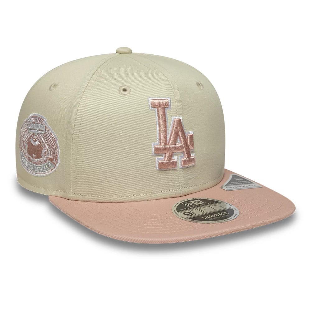 Pictured is this MLB World Series Patch LA Dodgers 9FIFTY Snapback Adjustable cap in light beige. 1