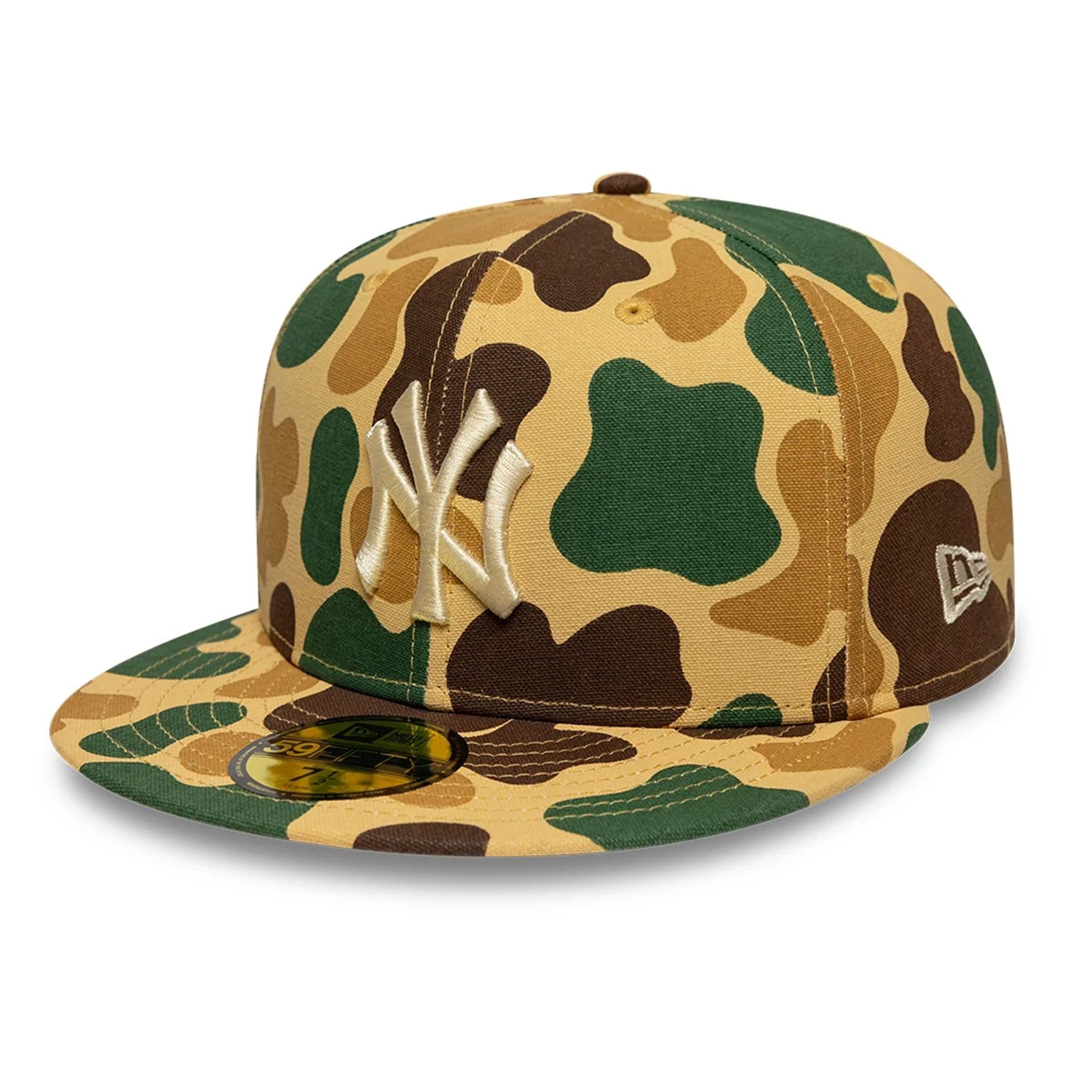 Pictured is this MLB Camo New York Yankees 59FIFTY Fitted cap in beige. 1