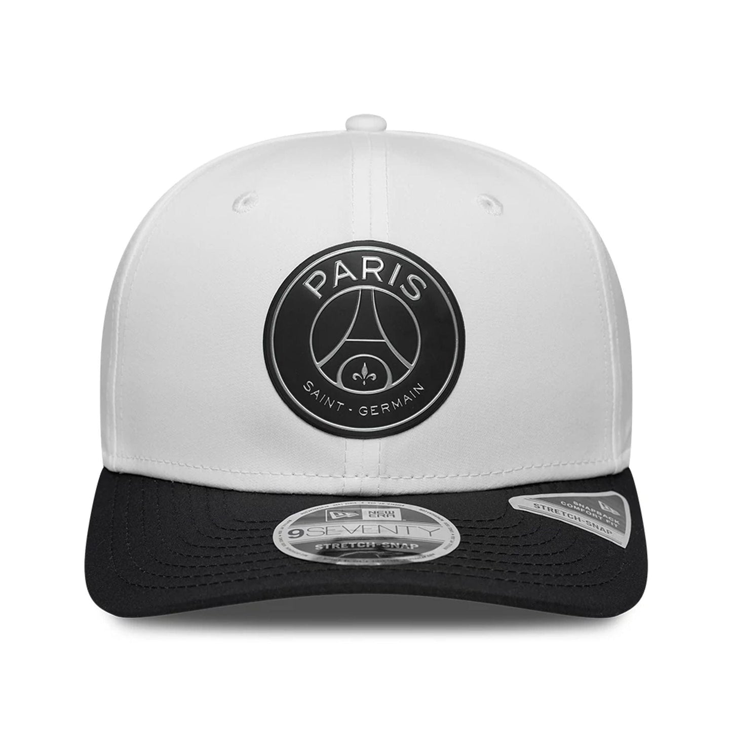 Pictured is this Paris Saint Germain Metallic 9SEVENTY Stretch Snap Adjustable cap in white. 2