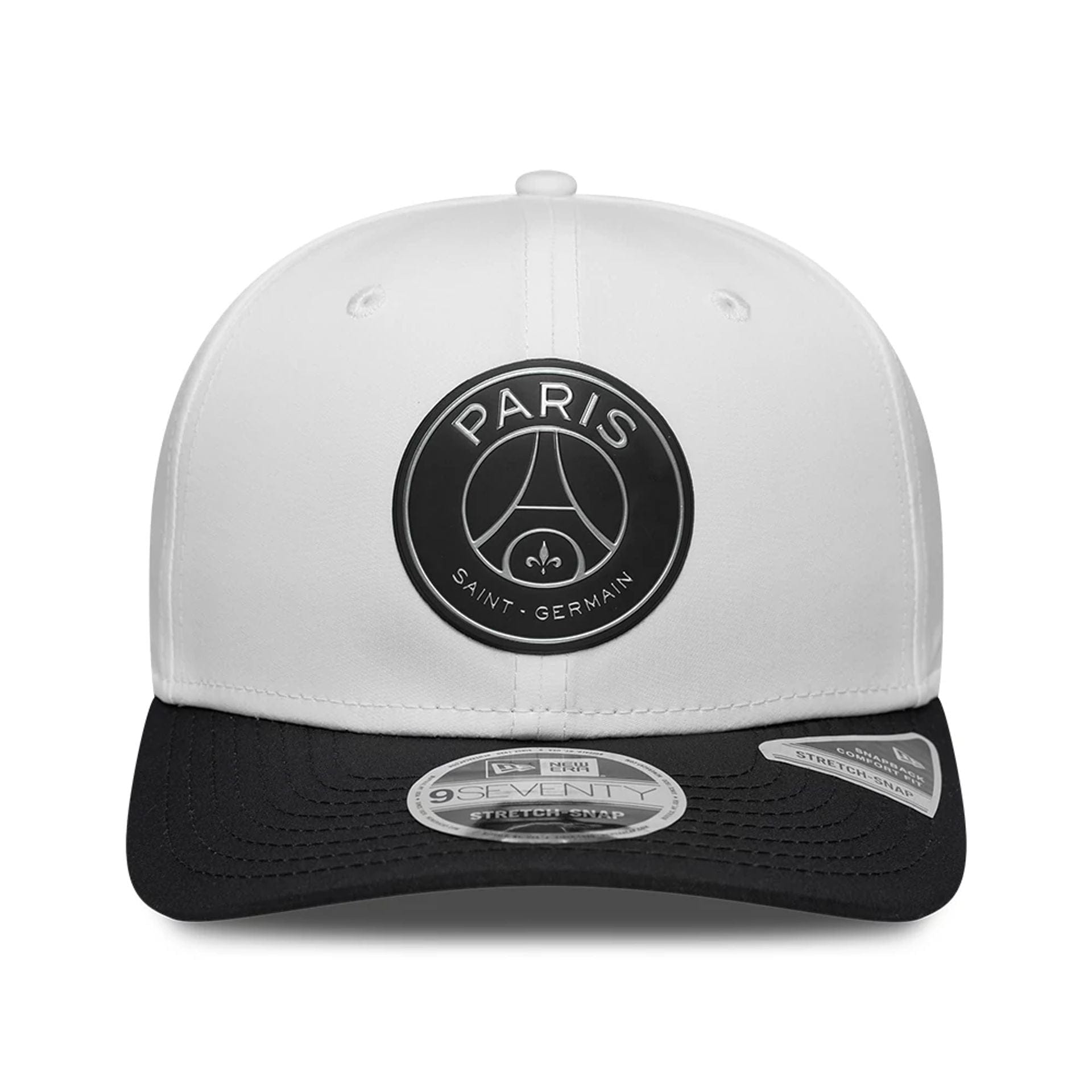 Pictured is this Paris Saint Germain Metallic 9SEVENTY Stretch Snap Adjustable cap in white. 2
