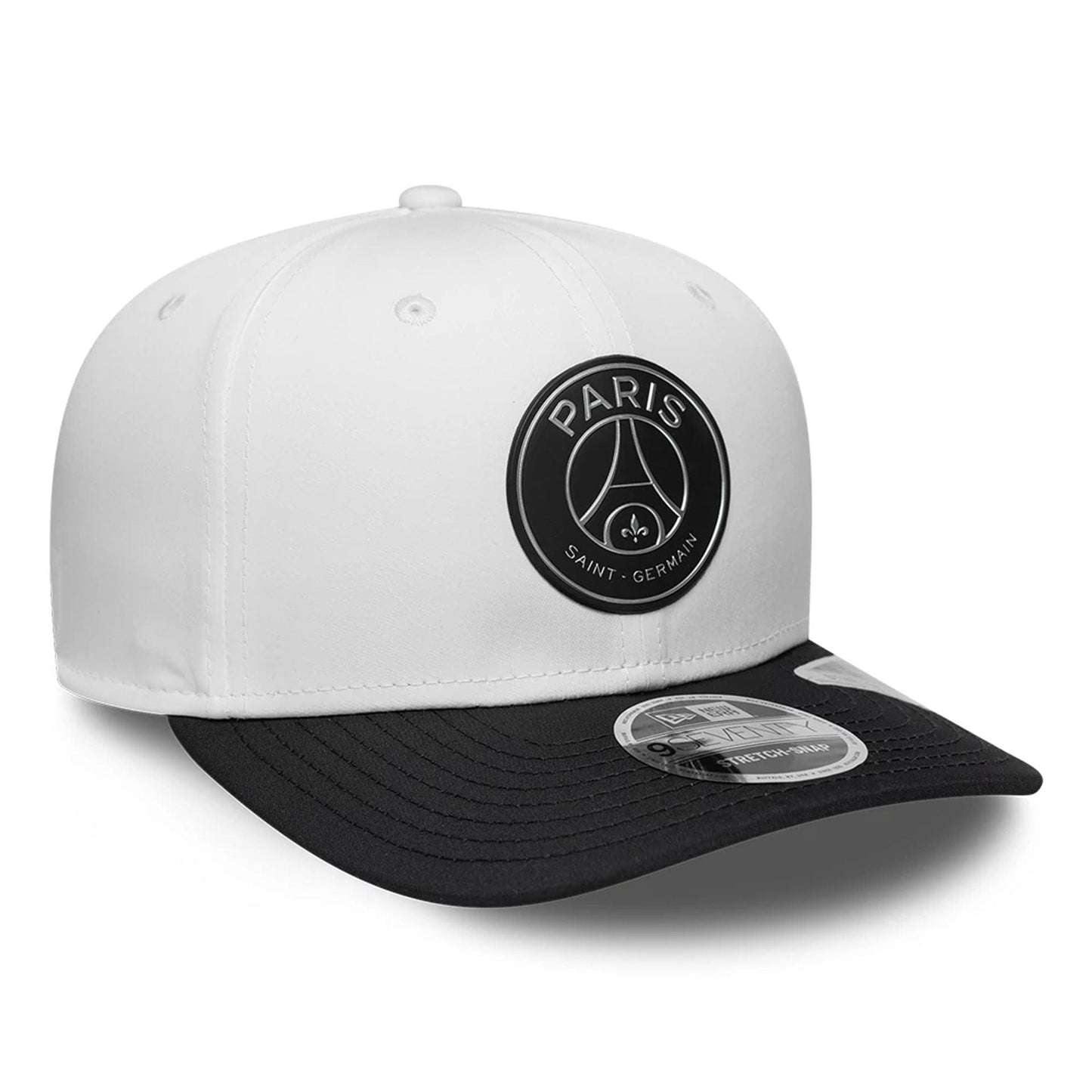 Pictured is this Paris Saint Germain 5th Kit 9SEVENTY Stretch Snap Adjustable cap in white. 3