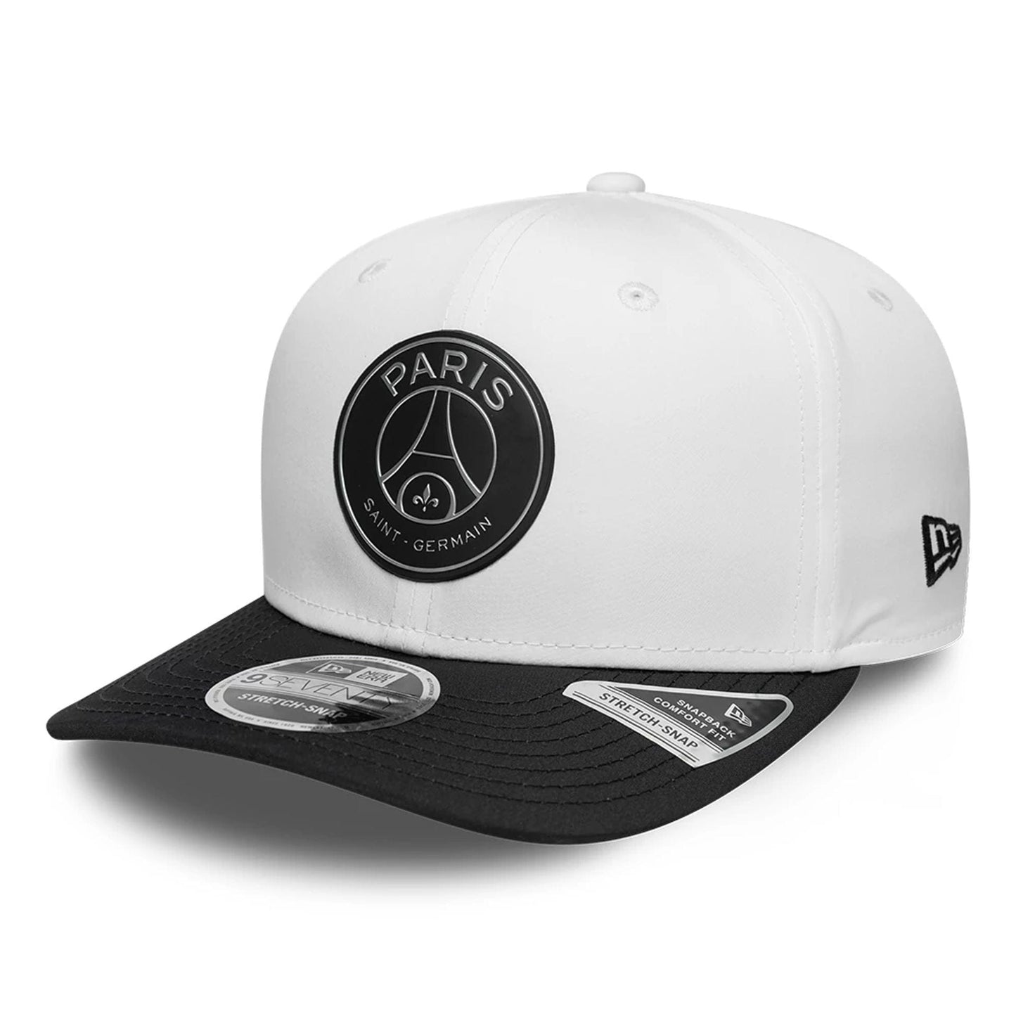 Pictured is this Paris Saint Germain Metallic 9SEVENTY Stretch Snap Adjustable cap in white. 1