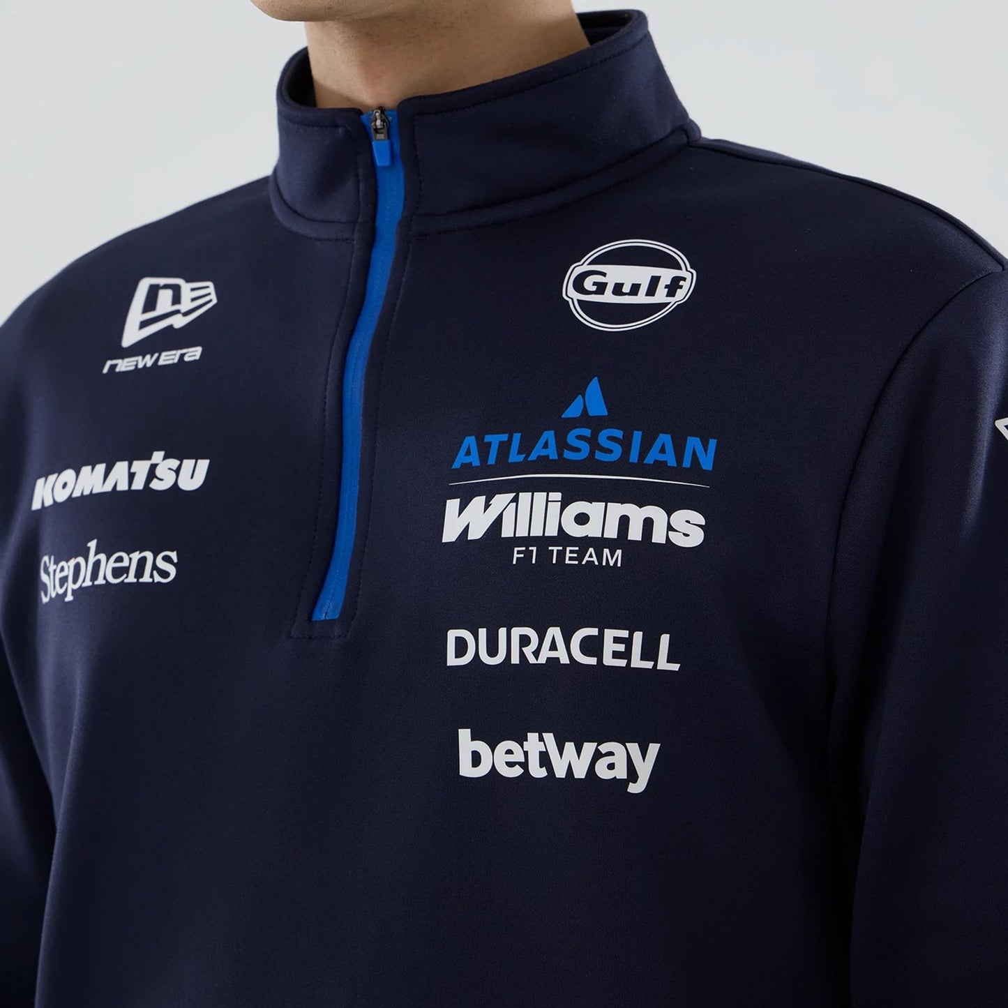 The model is wearing this Atlassian Williams F1 Team Mid Layer 1/4 Zip Sweatshirt in navy. 5