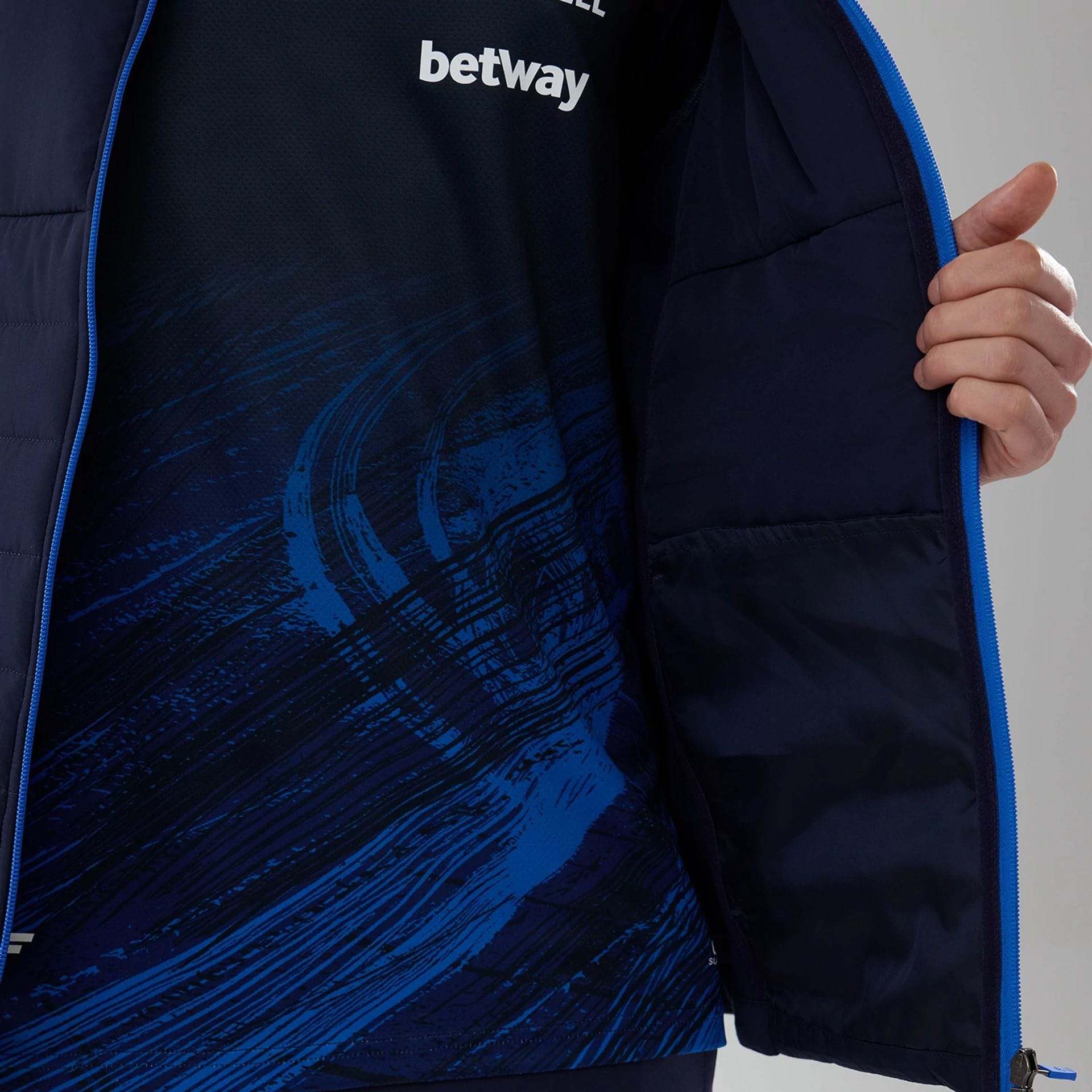 The model is wearing this Atlassian Williams F1 Team Hybrid Jacket in navy. 7