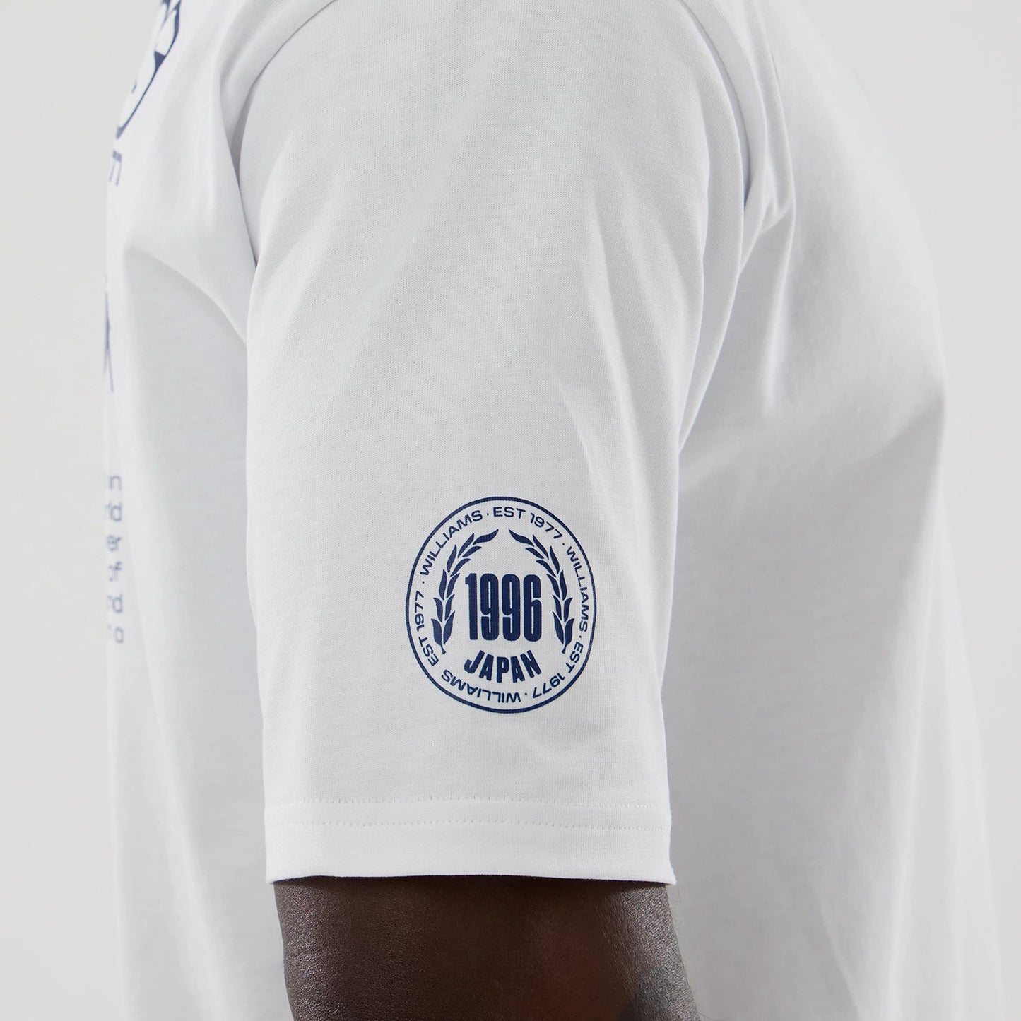 The model is wearing this Atlassian Williams F1 Team Japan 1996 Script World Champions Oversized T-Shirt in white. 6
