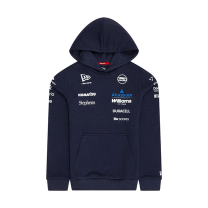 The model is wearing this Youth Replica Atlassian Williams F1 Team Pullover Hoodie in navy. 1