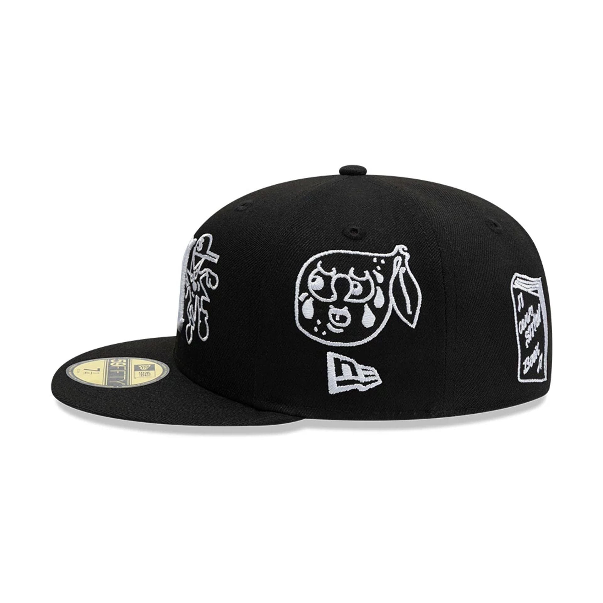 Pictured is this New Era X Mora All Over Characters 59FIFTY Fitted cap in black. 4