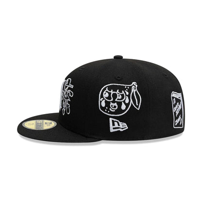 Pictured is this New Era X Mora All Over Characters 59FIFTY Fitted cap in black. 4