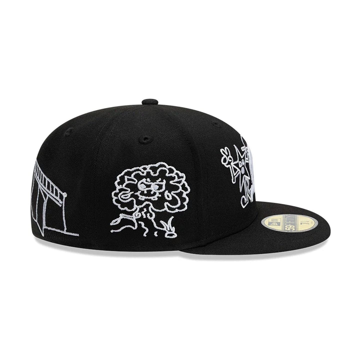 Pictured is this New Era X Mora All Over Characters 59FIFTY Fitted cap in black. 6