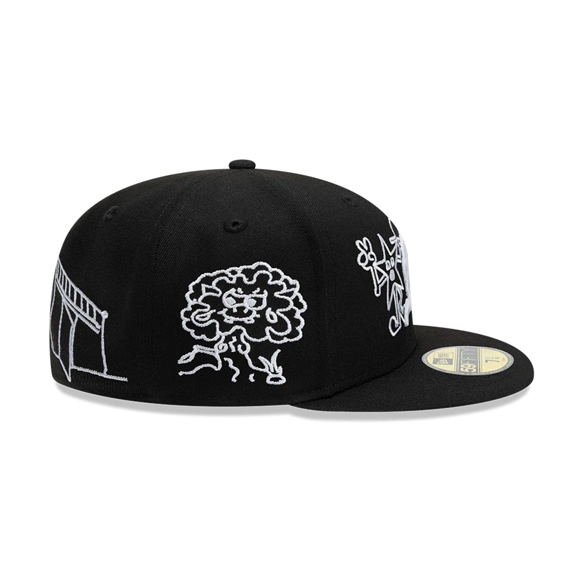 Pictured is this New Era X Mora All Over Characters 59FIFTY Fitted cap in black. 6