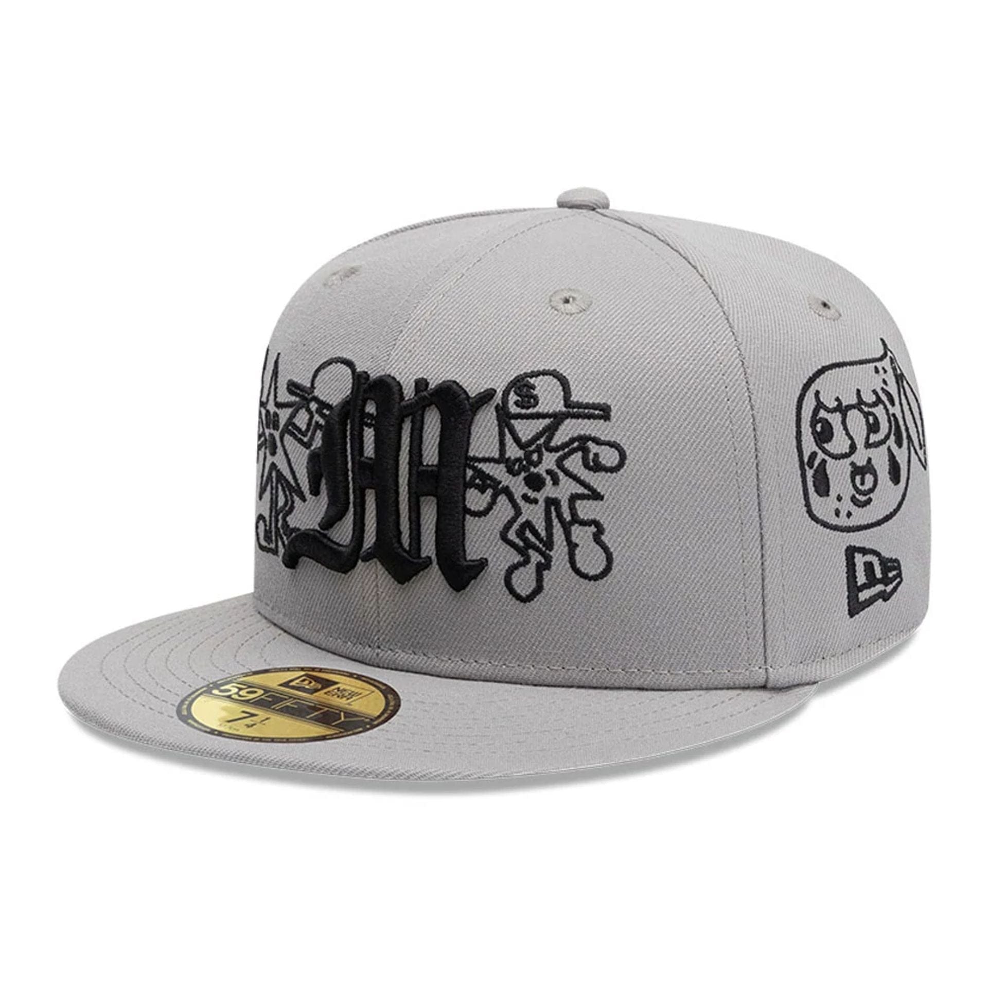 Pictured is this New Era X Mora All Over Characters 59FIFTY Fitted cap in grey. 1
