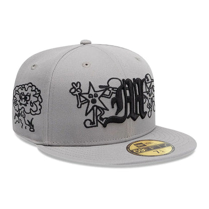 Pictured is this New Era X Mora All Over Characters 59FIFTY Fitted cap in grey. 4