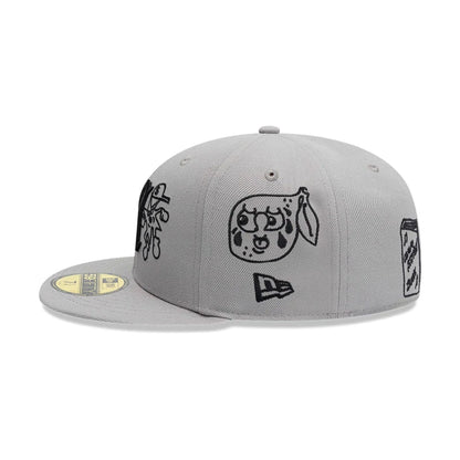 Pictured is this New Era X Mora All Over Characters 59FIFTY Fitted cap in grey. 5