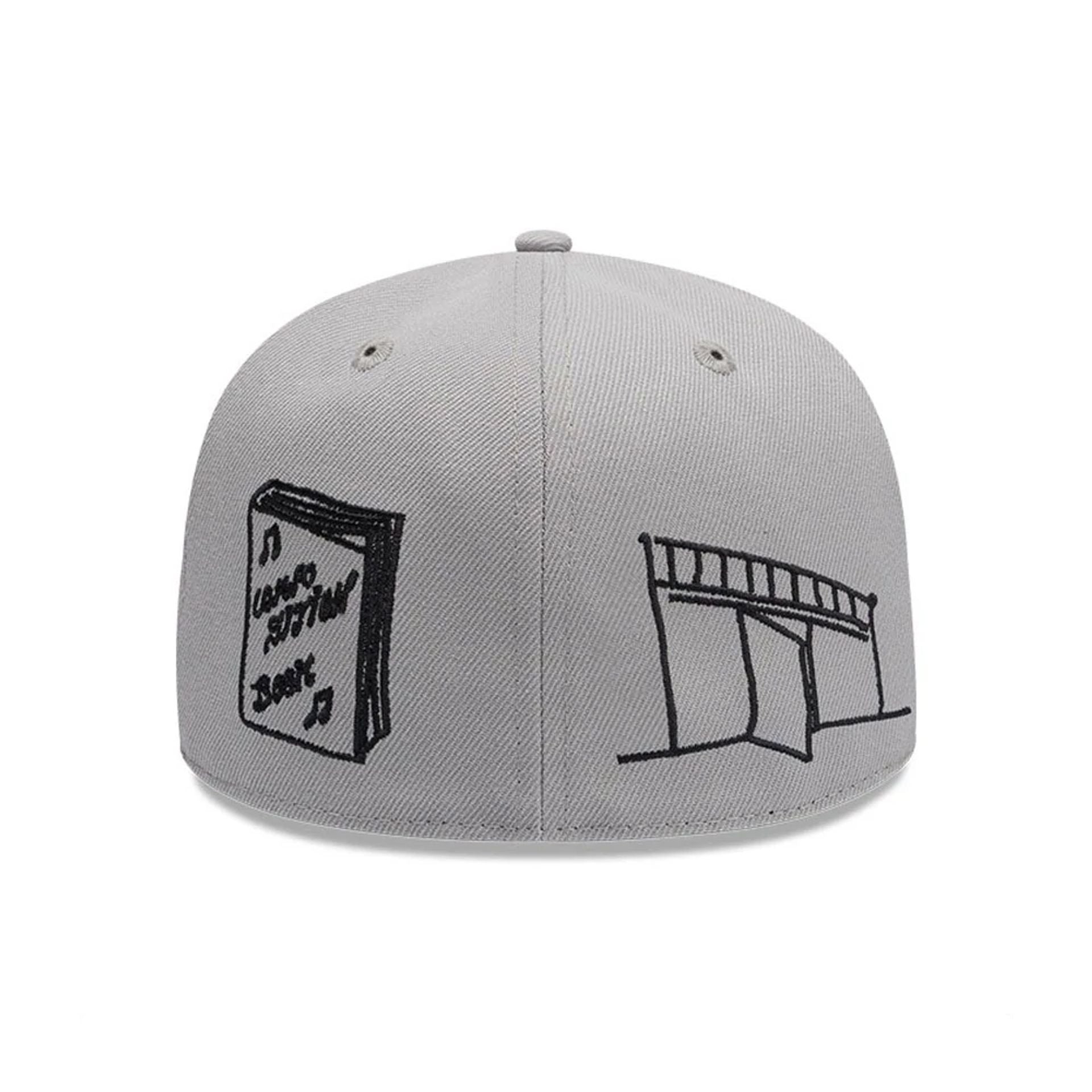 Pictured is this New Era X Mora All Over Characters 59FIFTY Fitted cap in grey. 6