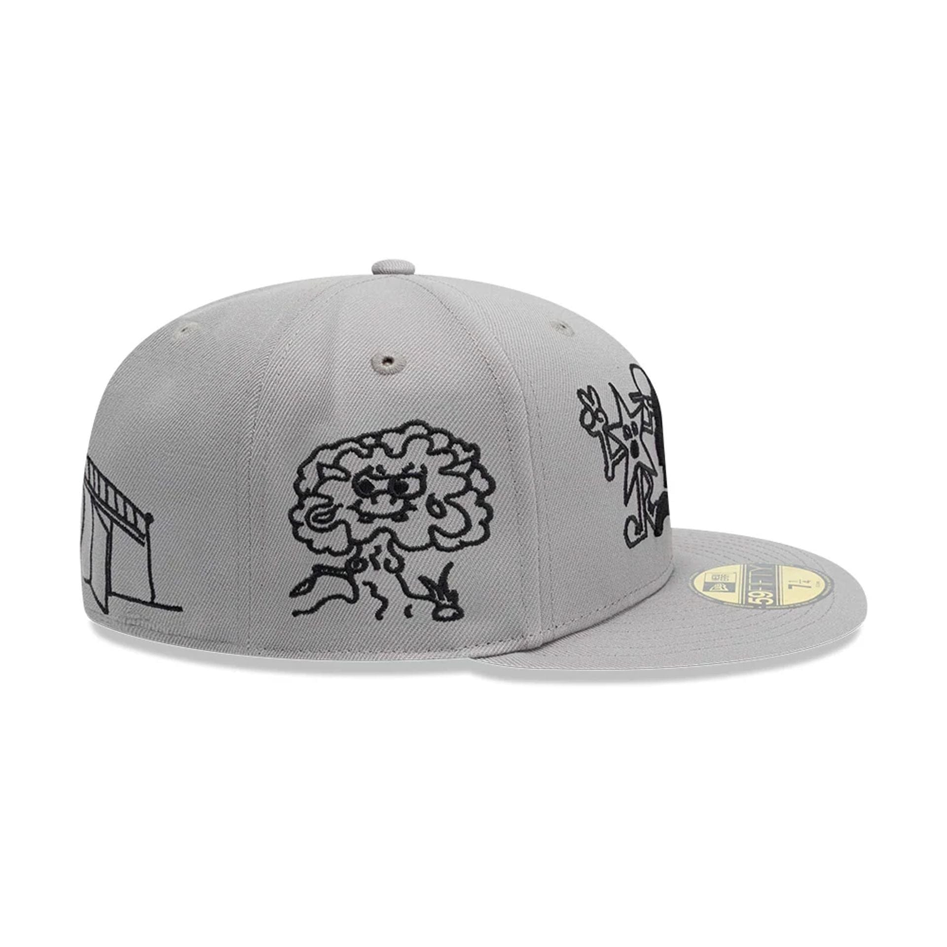 Pictured is this New Era X Mora All Over Characters 59FIFTY Fitted cap in grey. 7