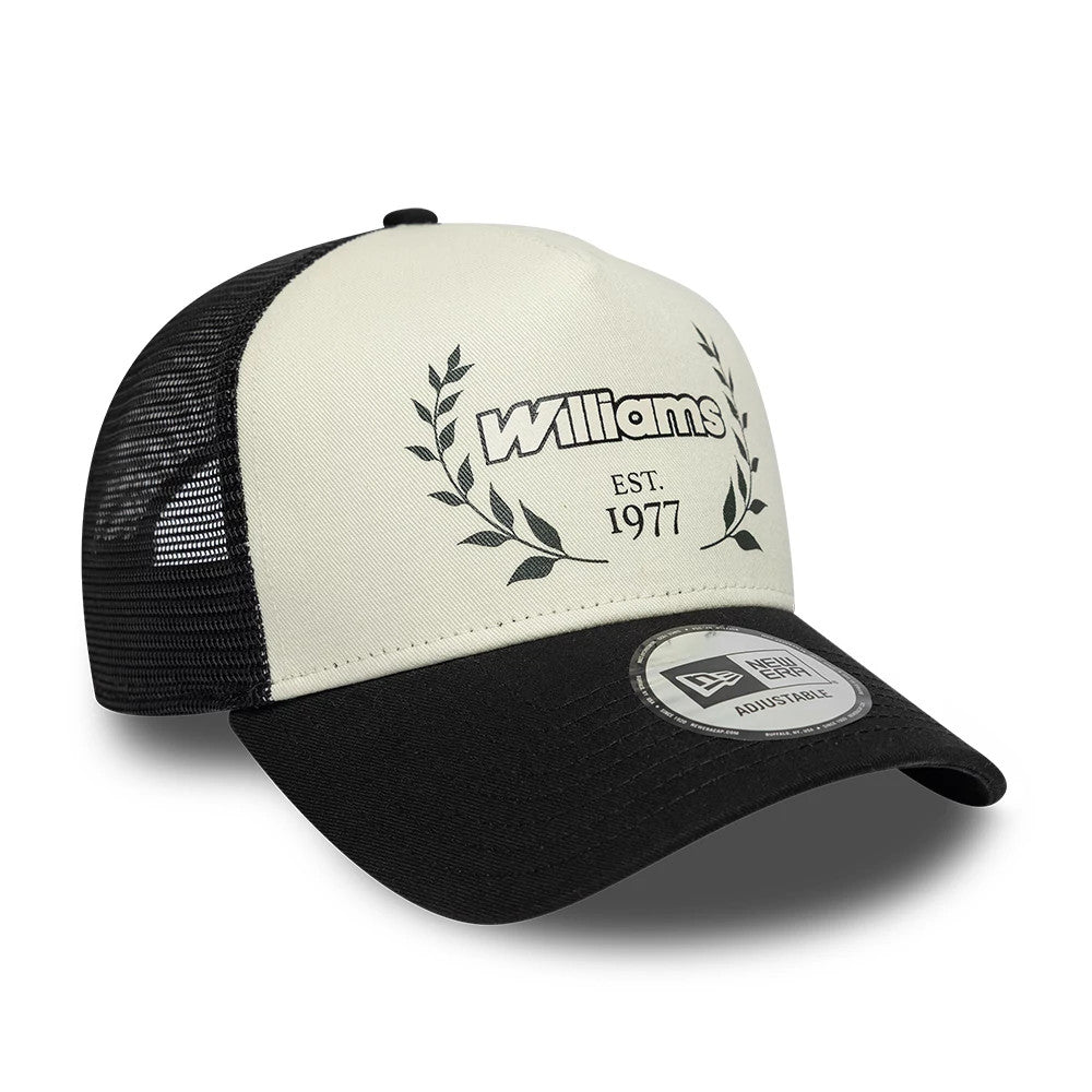 Pictured is this Traditional Atlassian Williams F1 Team 9FORTY A-Frame Trucker cap in black. 3