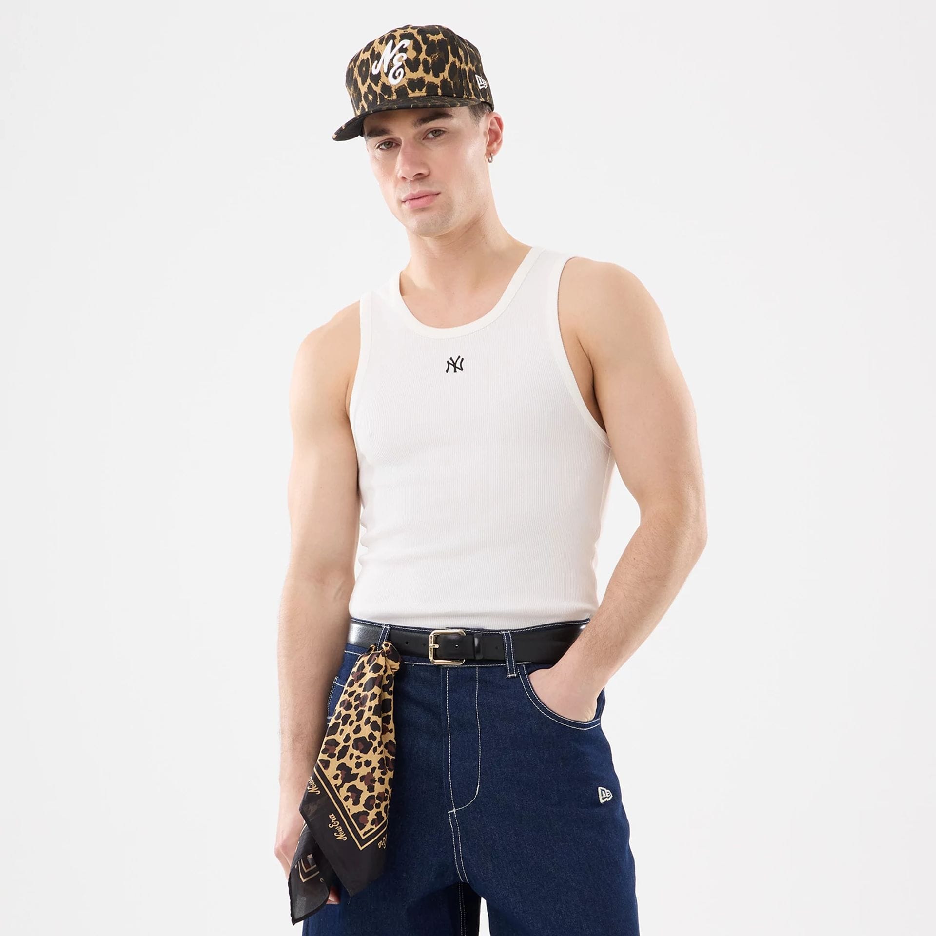 The model is wearing this MLB Rib New York Yankees Vest in white. 1