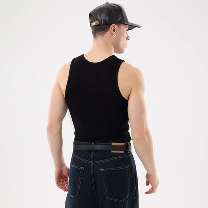 The model is wearing this MLB Rib New York Yankees Vest in black. 2