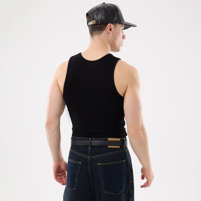 The model is wearing this MLB Rib New York Yankees Vest in black. 2
