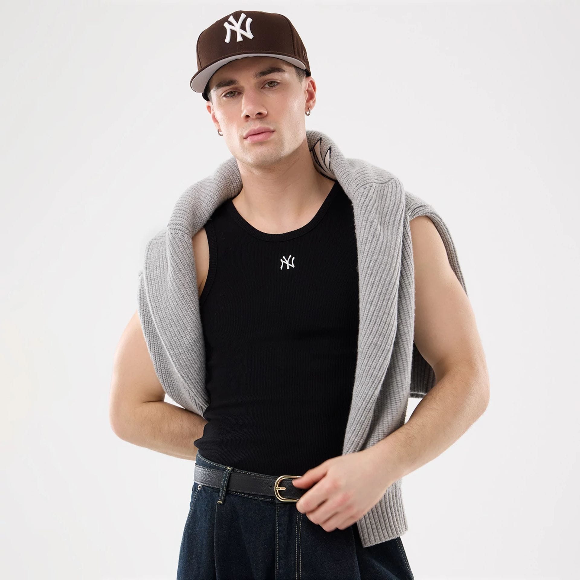 The model is wearing this MLB Rib New York Yankees Vest in black. 13
